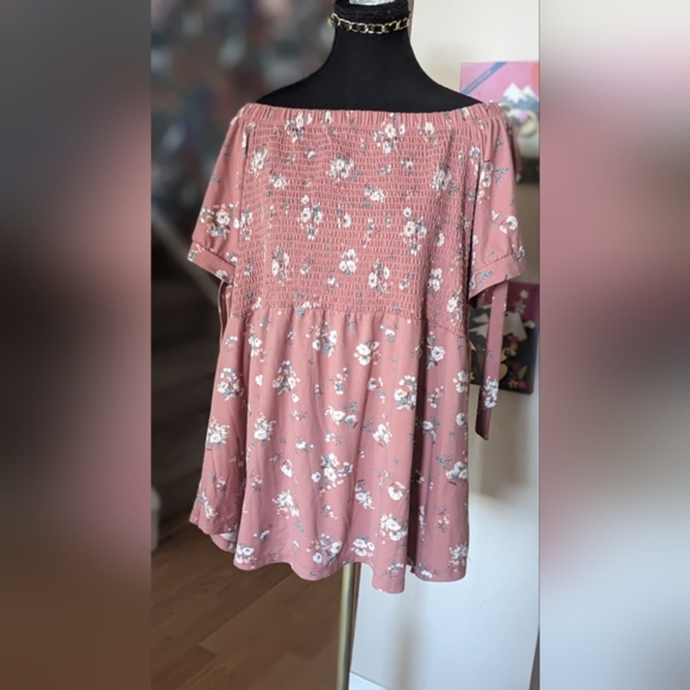 Warehouse One Pink Floral Off-Shoulder Top 3x